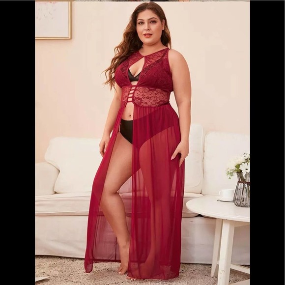 Plus Size Sexy Patchwork Exotic Lingerie Robe - Deep Red 2X - Picture 1 of 5